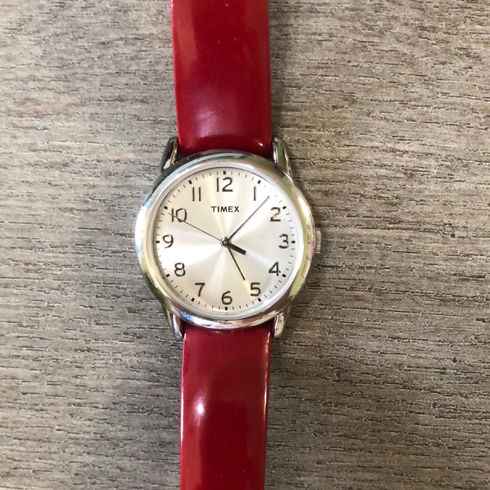 Timex Silver Watch Red Patten Leather Strap